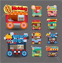 Cartoon market store car icon collection