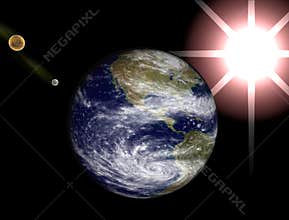 Space view, earth, moon and sun