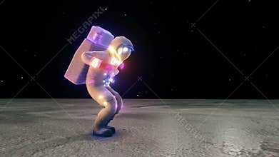 Dancing astronaut in moon surface with colorfull particles 4k