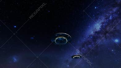 Alien UFO passing against universe filled with stars
