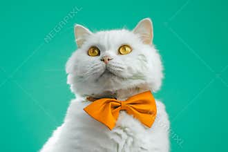 Cute portrait of white furry cat in orange bowtie on turquoise chromakey background. Studio. Luxurious isolated domestic