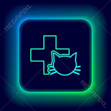 Glowing neon line Veterinary clinic symbol icon isolated on black background. Cross with cat veterinary care. Pet First