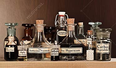 Various pharmacy bottles of homeopathic medicine