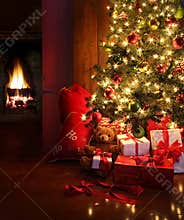 Christmas scene with tree and fire in background