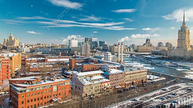 Top view on a winter city Moscow timelapse. Urban landscape with a frozen river