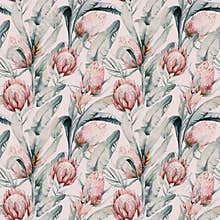 Protea seamless pattern flower. watercolor tropical leaves, hand painted illustration of exotic floral elements