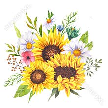 Watercolor wildlowers bouquet, hand painted sunflower bouquets, sunfower flower arrangement. Wedding invitation clipart elements.
