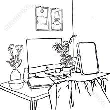 Freehand sketch black white interior sketch work table in bed room.