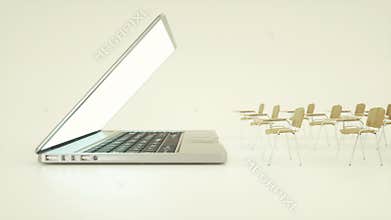 Digital classroom online education concept. School desks and laptop