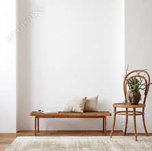 Farmhouse living room interior with wooden furniture, wall mockup