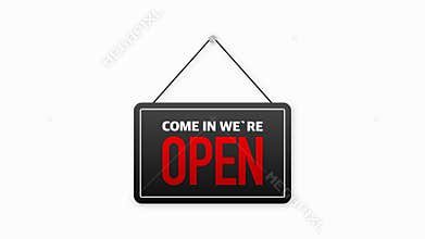Sign on door store with come in were open. Business open or closed black banner. Motion graphic.