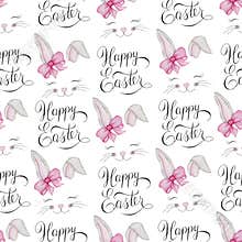 Easter seamless pattern with cute cartoon bunny faces and hand lettering happy Easter text, watercolor Easter illustration