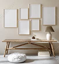 Mock up frame in home interior background, nomadic living room with bench and decor