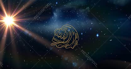 Animation of aquarius star sign over sun shining and stars on night blue sky