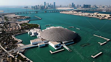 Abu Dhabi, United Arab Emirates - April 6, 2021: Louvre museum in Abu Dhabi emirate of UAE aerial view
