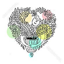 Black outline doodle of woman hugging favorite houseplants with foliage.