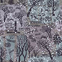 Snowy winter city park with trees, benches in calm tones seamless pattern.