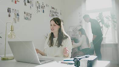 Pretty lady conducts commercial online conversation