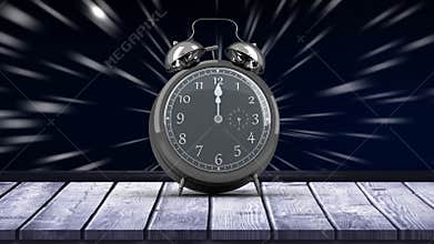 Animation of vintage alarm clock moving fast and ringing with light trails on blue background