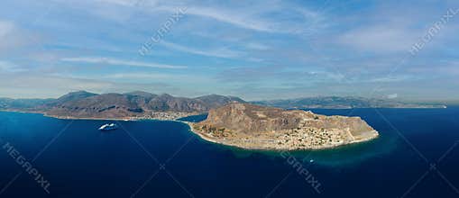 View of Monemvasia island linked to mainland by short causeway, located in Lakonia of Peloponnese, Greece