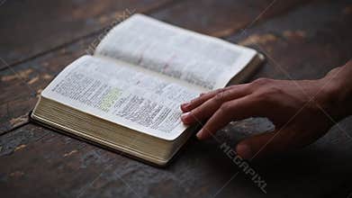 Open bible over a wood table