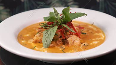 4k footage of a plate of delicious yellow curry chicken rotating close up