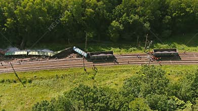 Arial view. Train accident. Rescue relief works in progress locomotive derailed