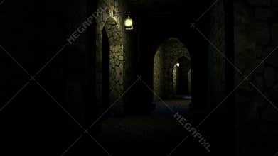 Inside medieval castle at night.
