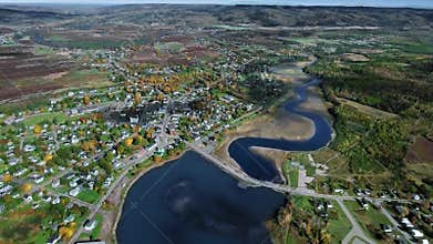 Panoramic drone view of small town near Parrsboro harbour, Nova Scotia, Canada