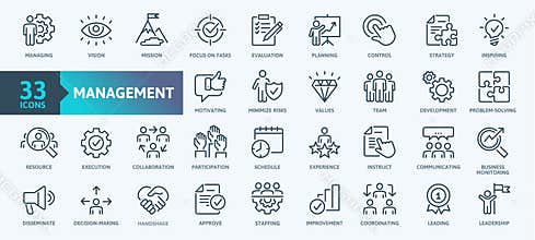 Business Management Outline Icon Collection. Thin Line Set contains such Icons as Vision, Mission, Values, Human Resource, Experie