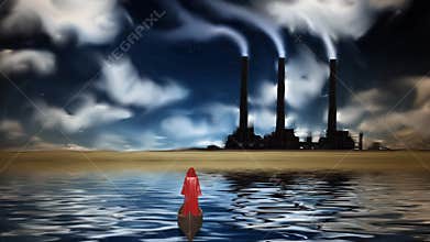 A figure in a red cloak float in a boat