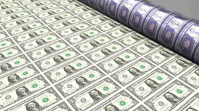 Printing one dollar bills - 3D 4k animation 3840x2160 px.