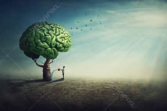Surreal brain tree in a desolate land and a determined person watering it using a sprinkling can. Man splashes the green shrub