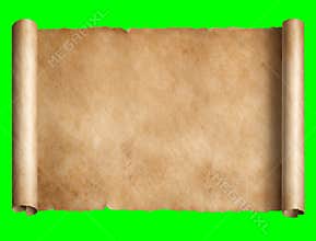 Old vintage paper scroll opening on chroma key green transparent background