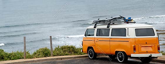 Surfers Orange Van on Bells beach - Australia