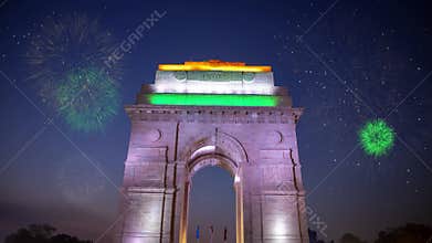 India Gate with fireworks in the Capital City of India - New Delhi
