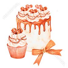 Cake, cupcake with caramel streaks. Watercolor illustration. Isolated on a white background.