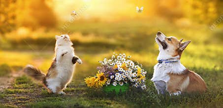 Funny puppy dog corgi and fluffy cat catch butterflies in a sunny summer garden next to a bouquet of flowers