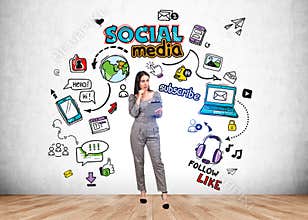 Businesswoman with different social media icons, communication and network