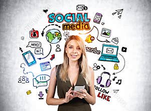 Young woman with different social media icons, communication and network