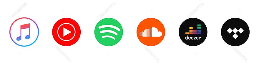 Apple Music, Spotify, YouTube Music, SoundCloud, Deezer, Tidal - a set of logos for popular music streaming services. Vector logos