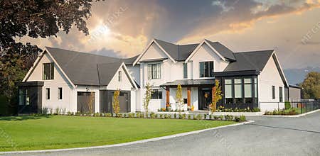 Chilliwack Farmhouse Modern Residence Dream Home Exterior House Grand Dwelling Custom Design White Siding Black Roofing