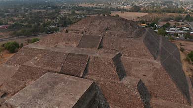 Drone view of front of Pyramid of Moon in Teotihuacan complex in Mexico Valley. Mesoamerican pre-columbian temple is the