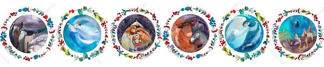 Seamless Christmas border, pattern.Nativity scene: Virgin Mary with Joseph, baby Jesus Christ in a manger, Shepherds on Bethlehem