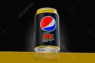 Tallinn, Estonia - May 2022: 330ml Caffeine free Pepsi max can with water drops.
