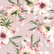 Bright seamless pattern with  flowers. Hibiscus. Lotus. Butterfly. Watercolor illustration. Hand drawn