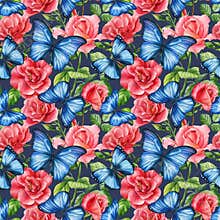Roses flowers and butterfly. Seamless pattern. Watercolor botanical illustration. floral design