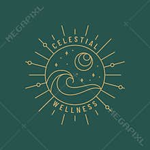 Boho logo with sun, moon, stars and ocean wave. Vector