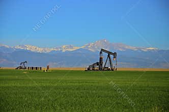 Oil Wells, Pump Jack , corn field and Mountains