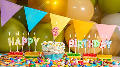 Cream cake with a candle for six years, Happy birthday colorful card for a child of 6 years old, birthday cupcake with candles
